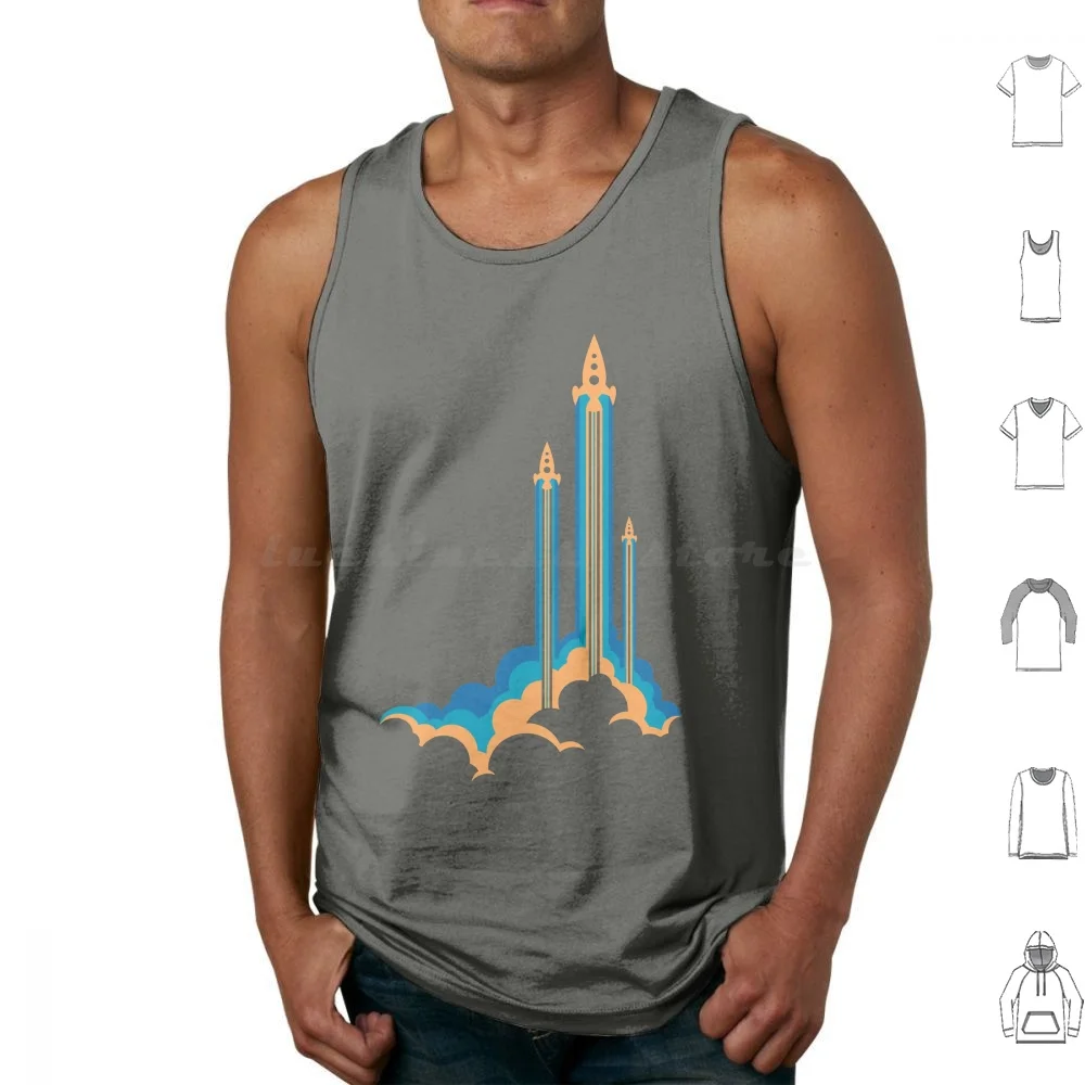 Lift-Off Iii Tank Tops Print Cotton Retro Vintage Rockets Space Spaceships Clouds Blue Orange Yellow Vector Takeoff