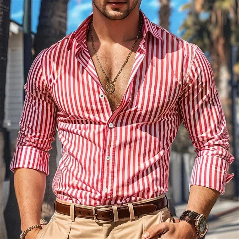 

Summer casual shirt, black and red long sleeved striped lapel, daily vacation clothing, fashionable, casual and comfortable