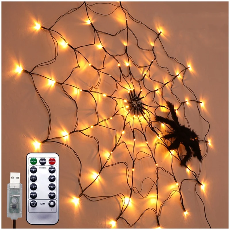 GTBL Halloween Spider Web Lights USB 8 Modes Spider Web Wall Net Lights For Scary Halloween Decoration Garland