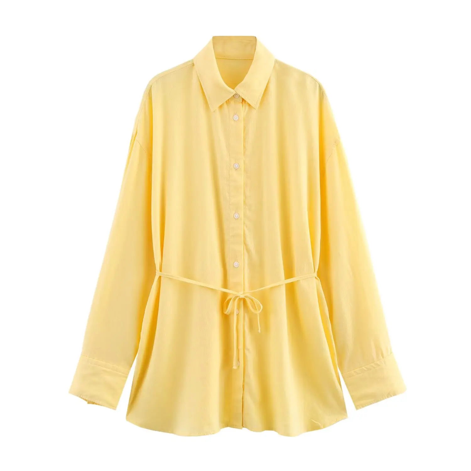 European and American Spring and Autumn Commuting Pure Color Waist Strap Simple Long Sleeve Shirt for Women