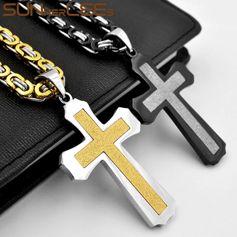 SUNNERLEES Stainless Steel Jesus Christ Frosted Cross Pendant Necklace Byzantine Link Chain Silver Color Gold Plated Men SP259