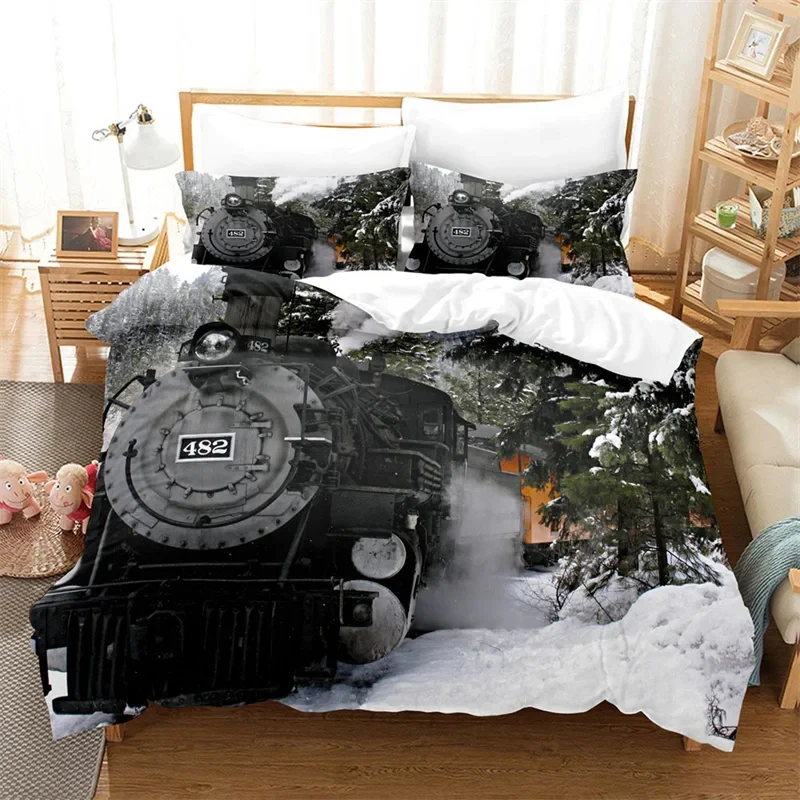 Steam Engine Duvet Cover King Size Microfiber Locomotive Train on Steel Railway Track Travel Adventure Graphic Print Bedding Set