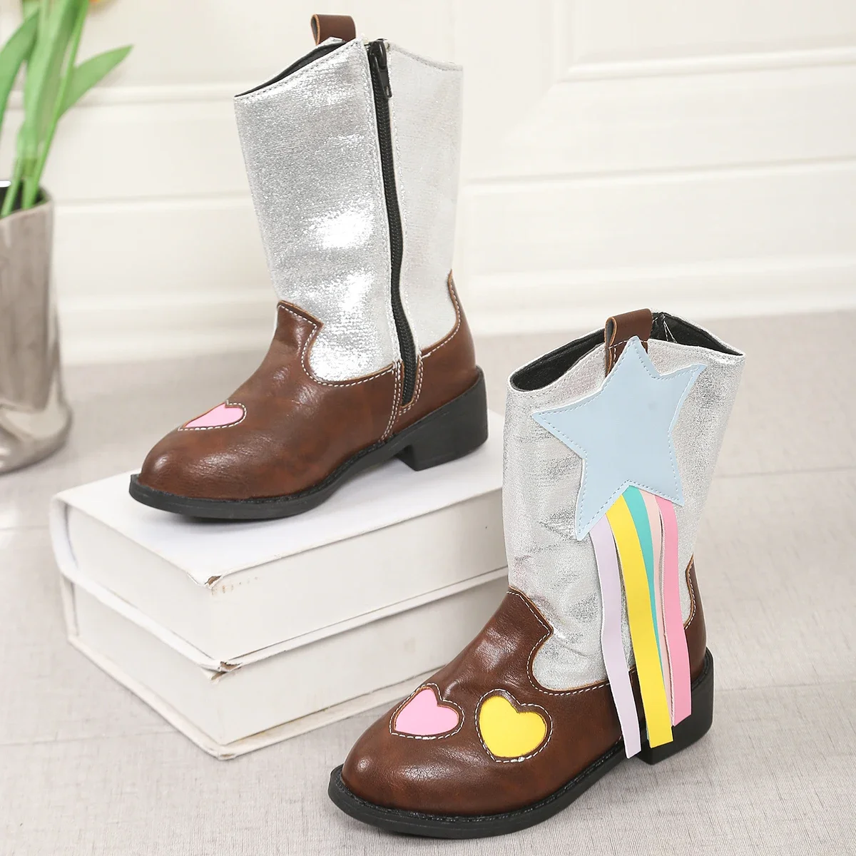2026 New FashionWestern Ankle Boots Girls Rainbow Tassel Star Cowboy Boots Heart Patch Decor Inner Side Zipper Low Block Heel