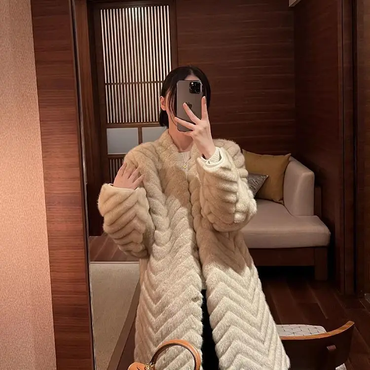 Faux Fur Elegant Coats Womens Raglan Knee Length Vacation Woman Korean Style Slim Cinched Waist Furs Minimalist White Bar Turn