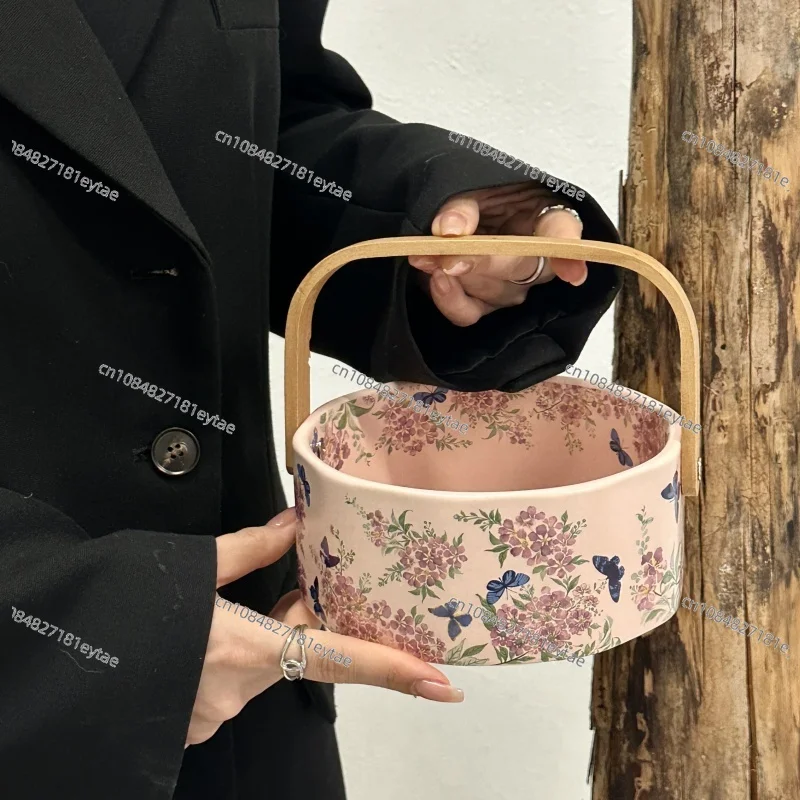 Crape myrtle flower portable ceramic fruit basket fruit plate tea table snack plate household dried fruit storage basket gift