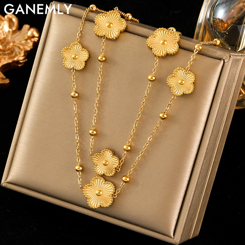 GANEMLY 316L Stainless Steel Gold Color Five-Leaf Clover Pendant Necklace For Women Trendy Long Neck Chain Waterproof Jewelry