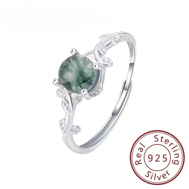 New S925 Sterling Silver Green Moss Agate Stone Ring for Women Engagement Jewelry Gift
