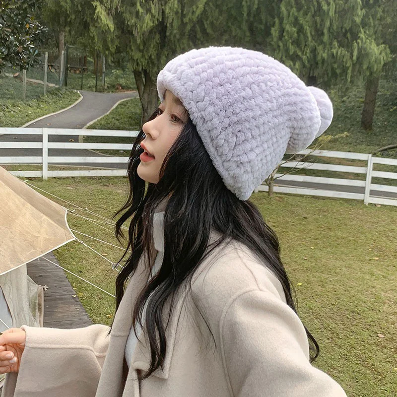 Women's New  Thickened Rex Rabbit Hat Outdoor Leisure Elastic Knitted Hat Korean Version Thickend Plush Warm Leather Straw Hat