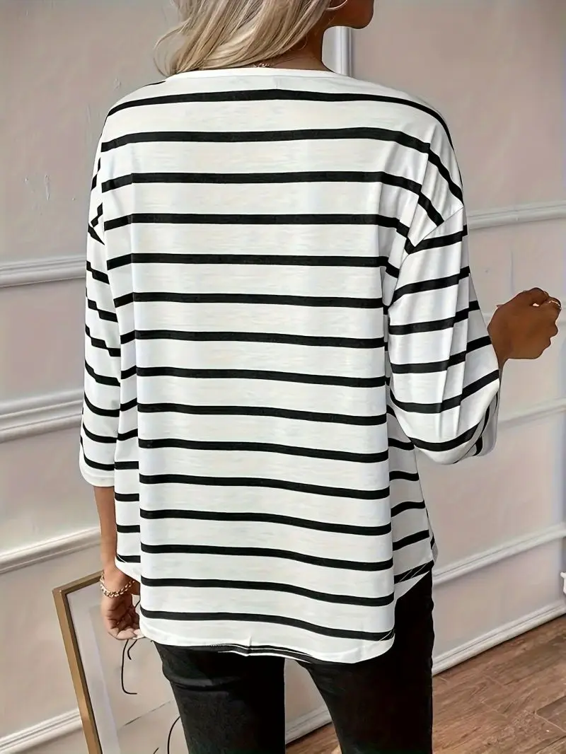 Damen-Freizeitoberteil mit Rundhalsausschnitt und 3/4-Ärmeln, locker geschnitten, kurze, schmale Passform, Basic-T-Shirt für den Alltag. – Detail 3