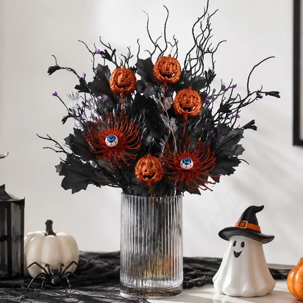 Hollow Twisted Dead Branches Decor Halloween Artificial Branch Stem with Glitter Black Twigs Pumpkin Eyeball for Floral