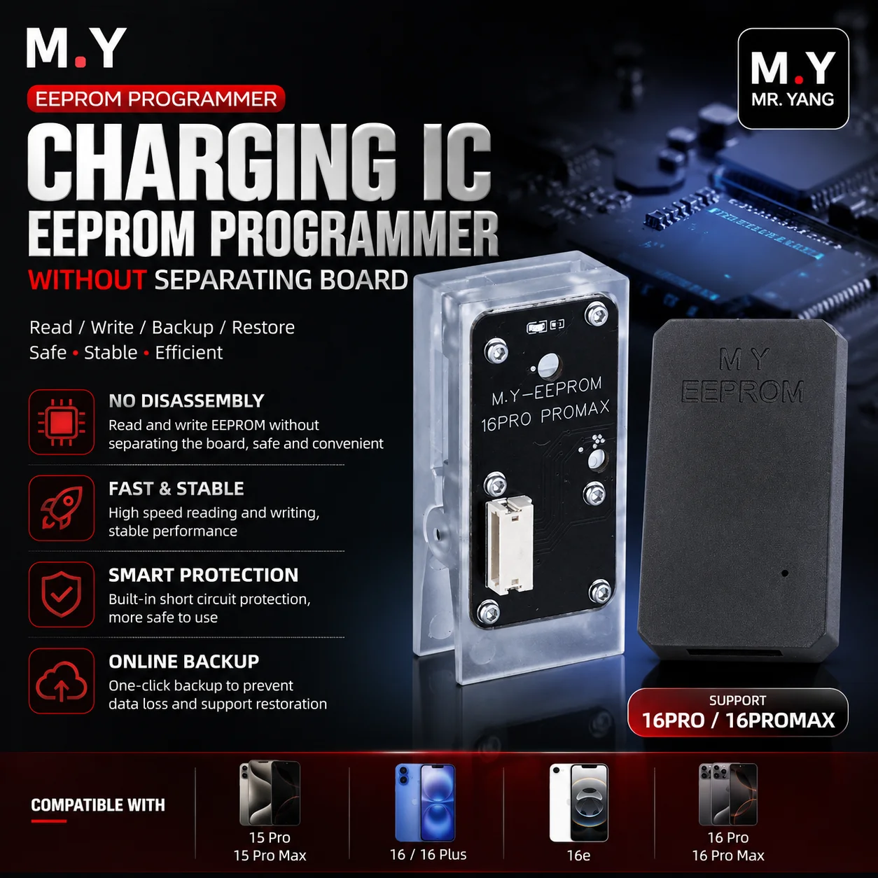 YCS M.Y Charging IC EEPROM Programmer No Board Separation Read Write Backup Tool for iPhone 15 Pro Max 16 Plus 16E 16 Pro Max
