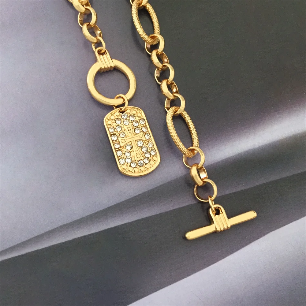 Gorgeous Gold Color Plating Cross Engraved Clear Stone Decorated Square Pendant Front Enclosure Special Unique Chain Necklace