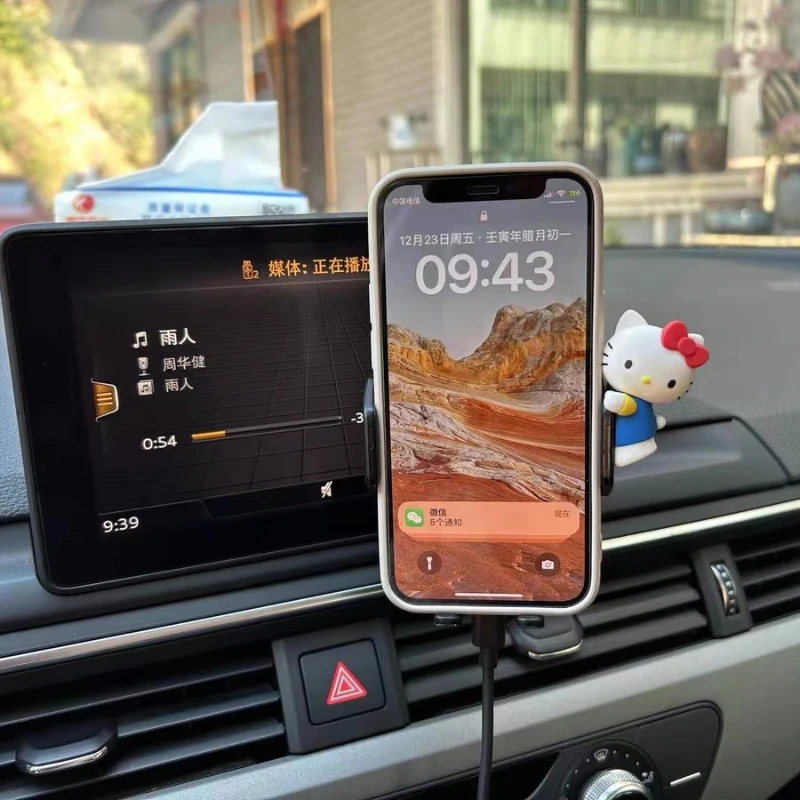 Sanrio Hellokitty Car Mobile Phone Holder Ladies Kawaii Wireless Charger Car Navigation Air Outlet Fully Automatic Support Stand