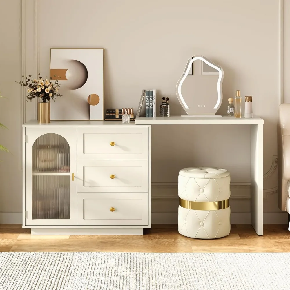 

59” Makeup Vanity Desk, White Vanity Dresser Combo, Modern Corner Makeup Table with 3 Drawer & 1 Door, Wood Dressing )