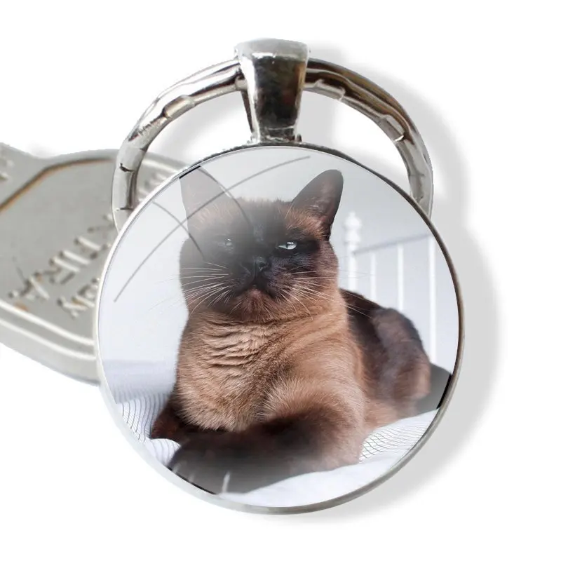 Keychain Handmade Glass Cabochon Key Ring Holder Pendant Key Chains Blue Point The Traditional Siamese Cat