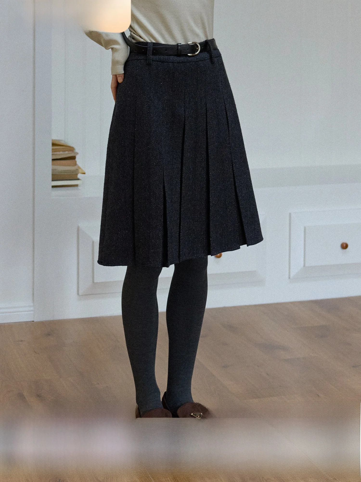 

Retro Deep ey Versatile High Waist Wool Blend A-Line Pleated Skirt Women's Autumn Winter Sle Midi Skirt