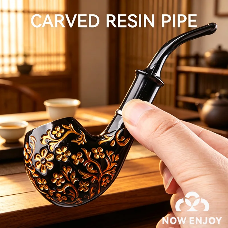 NOW ENJOY New Classic Black-gold Classic Engraved Resin Tobacco Pipe  Bent Hand  Gift For Father/Men Cigarette Accessories