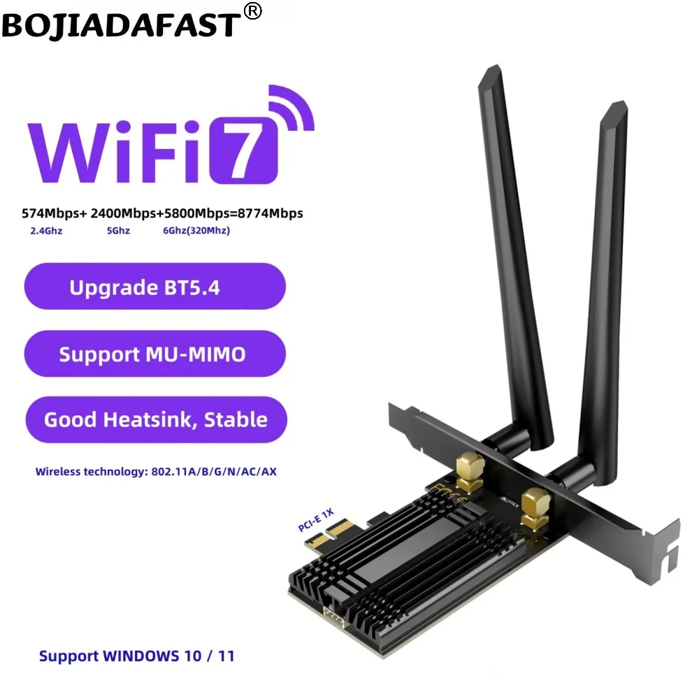 WIFI 7 BT5.4 MU-MIMO 8774Mbps Wireless PCI-E 1X PCIe X1 Network Card 2 Antennas BE200 2.4Ghz 5Ghz 6GHz 802.11ax 802.11ac WPA3