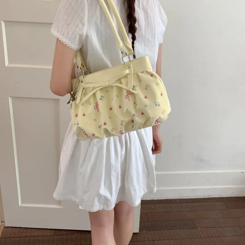 Women's Floral & Bow Print Shoulder Tote Bag with Star Charm, Casual Style for Daily Errands, School Commute & Weekend Outings