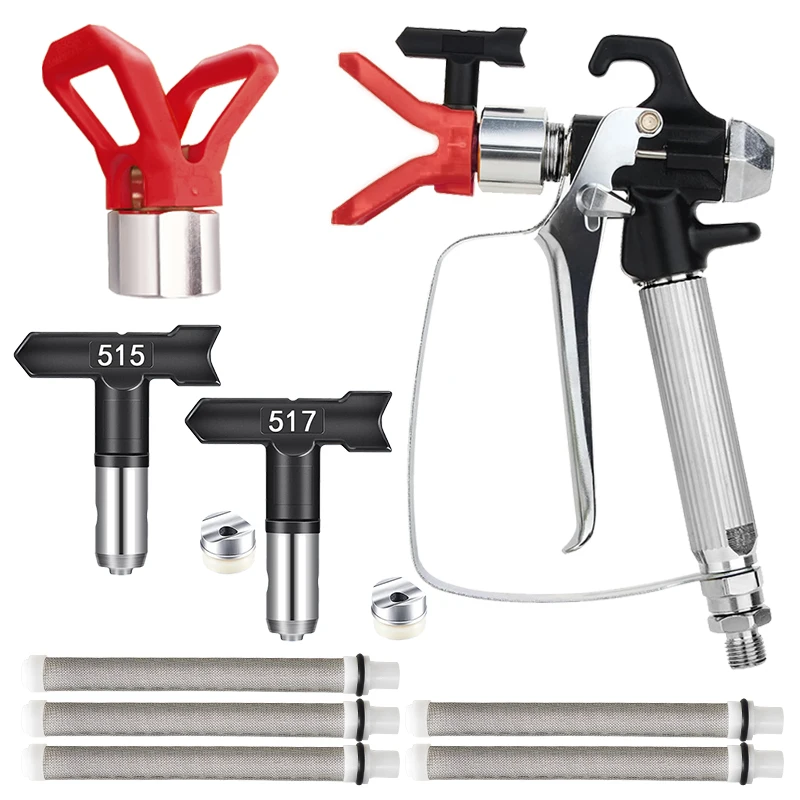 10-Piece Airless Paint Sprayer Set, 1 Black Spray Gun + 2 Red Bases + 2 Black Nozzles with Washers (515 517) + 5 Filters, Home Renovation Airless Paint Sprayer Tool Accessories, Suitable for Spraying Paint, Latex Paint, Coatings, Etc
