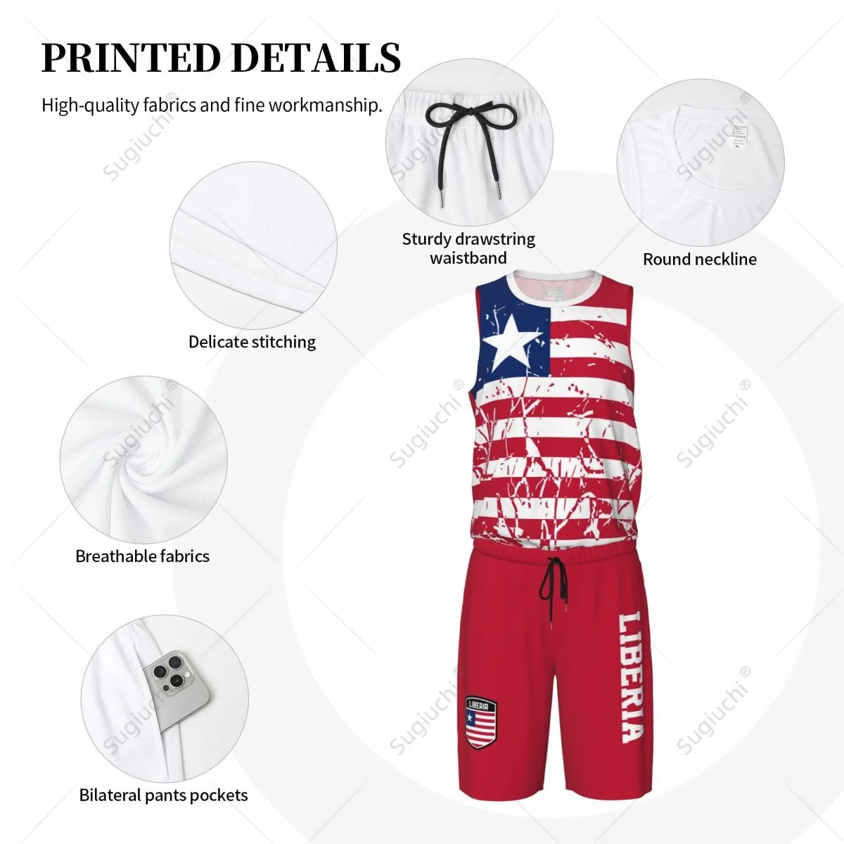 Team-up Liberia Flag Grain Men Basketball Jersey Set Shirt & Pants Sleeveless Custom Name Nunber Exclusive