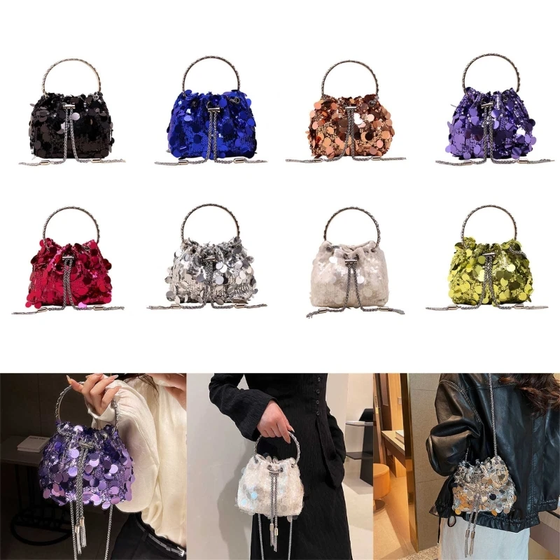 

Stylish Sequin Bucket Bag Women Elegant Solid Color Evening Bag Female Chain Crossbody Handbag for Party Shopping Shoulder Bag