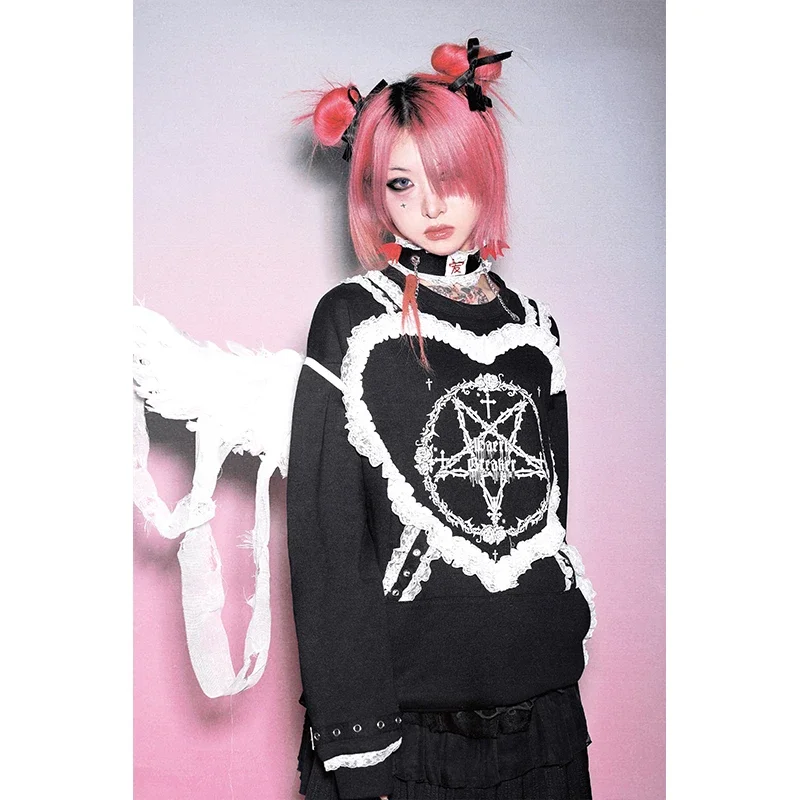 HBreaker Original Design Gothic Sweatshirt Women Lace Star Love Printing Punk Girls Pink Black Hoodies Pullover Women