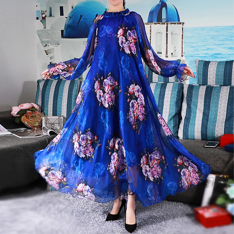 Vibrant Floral Maxi Dress Plus Size Summer Casual Bohemian Chiffon Beach Holiday Bangkok Dress Woman Full Length Abayas Robes