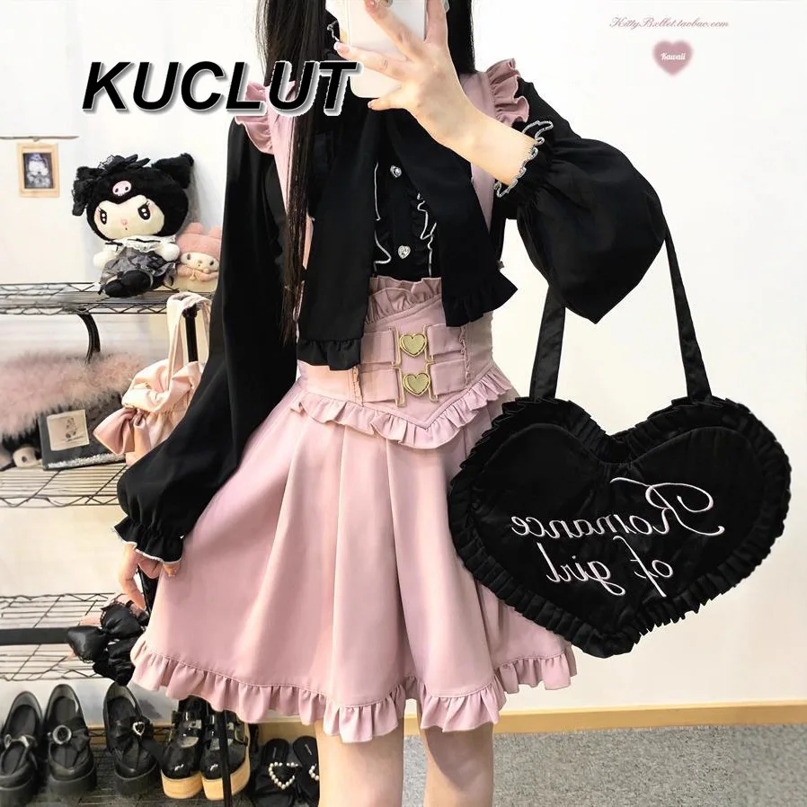 

Japanese Lolita Style 2 Piece Sets Womens Outfits Lace Double-Layer Hollow Long Sleeve Top and Skirt Set for Girl Spring Autumn