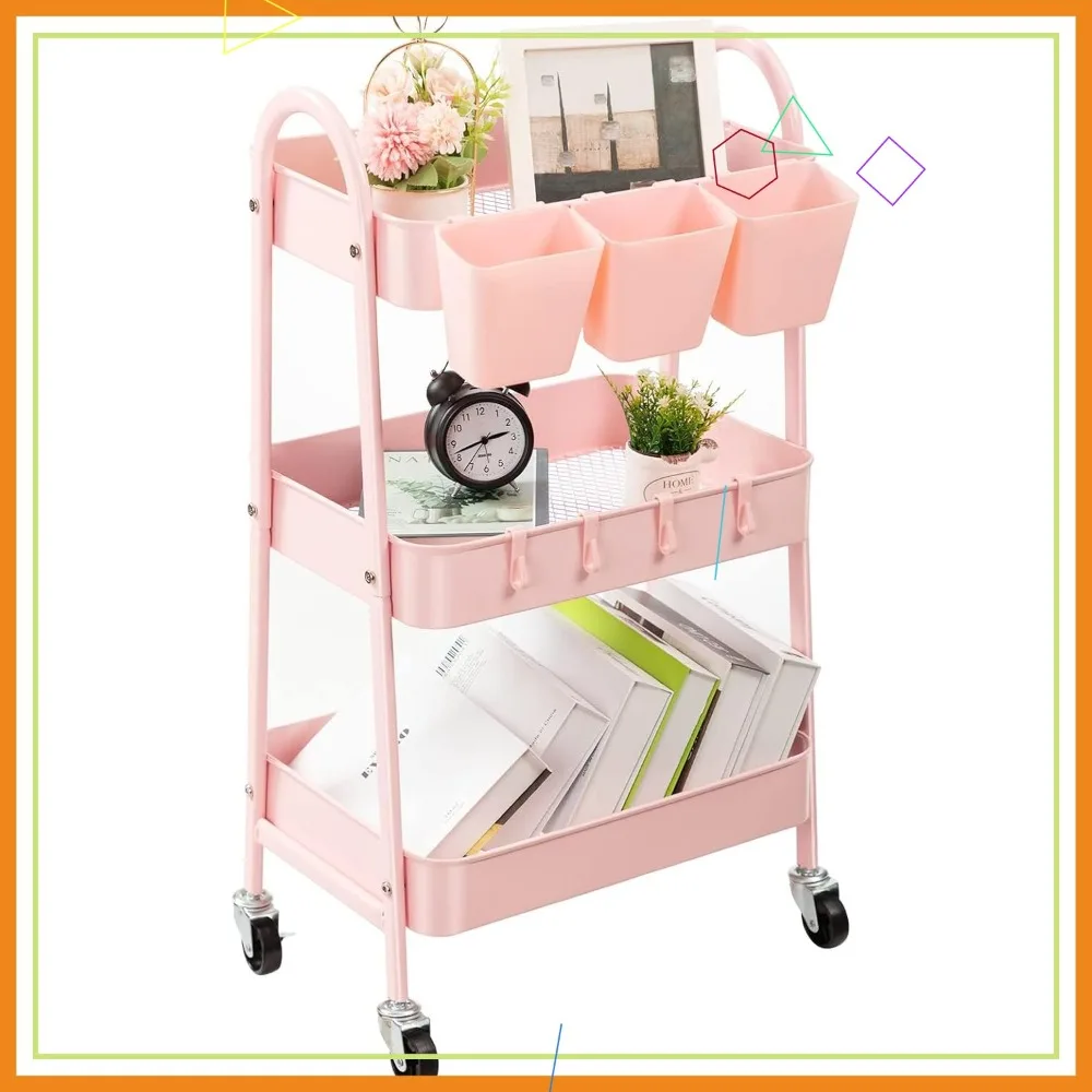 

Трехуровневая тележка на колесиках с фиксаторами, подвесными кружками и крючками для кухни, ванной, офиса, мастерской, розовая