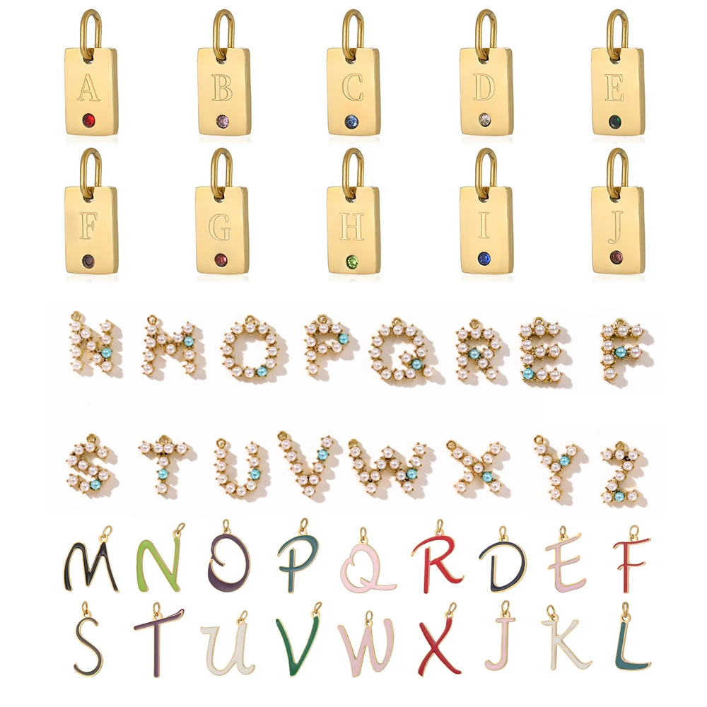 

Mini Alphabet 26 Letters Charm Set Fashion Zircon Pearl Enamel Stainless Steel Pendants for DIY Necklace Jewelry Accessories