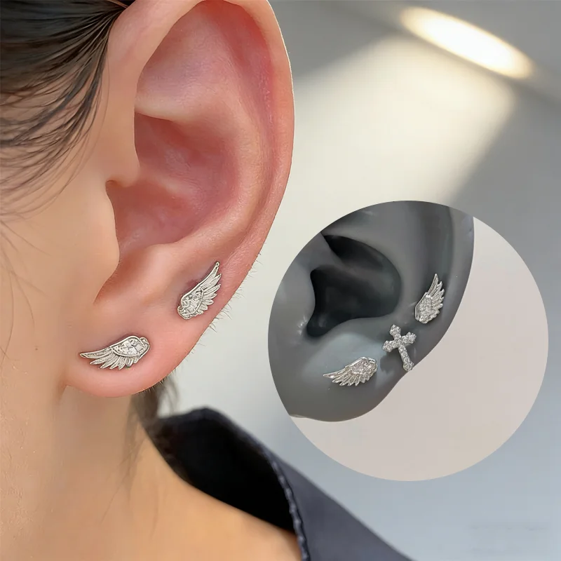 Stunning Crystal Stud Set - 3/4pcs Vintage Fashion Angel Wings & Cross Earrings, Exclusively Designed for Women and Couples.