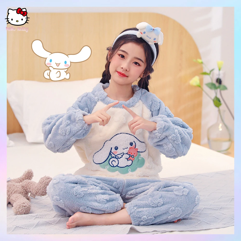 2Pcs Kawaii Anime Sanrios Kuromi Cinnamoroll Children's Plush Pajamas Flannel Warm Girls Boys Cartoon Spring Autumn Homewear