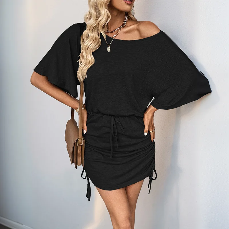 

Simple Pleated Bat Sleeve Solid Color Women's Dress for Spring and Summer Leisure Party in 2025