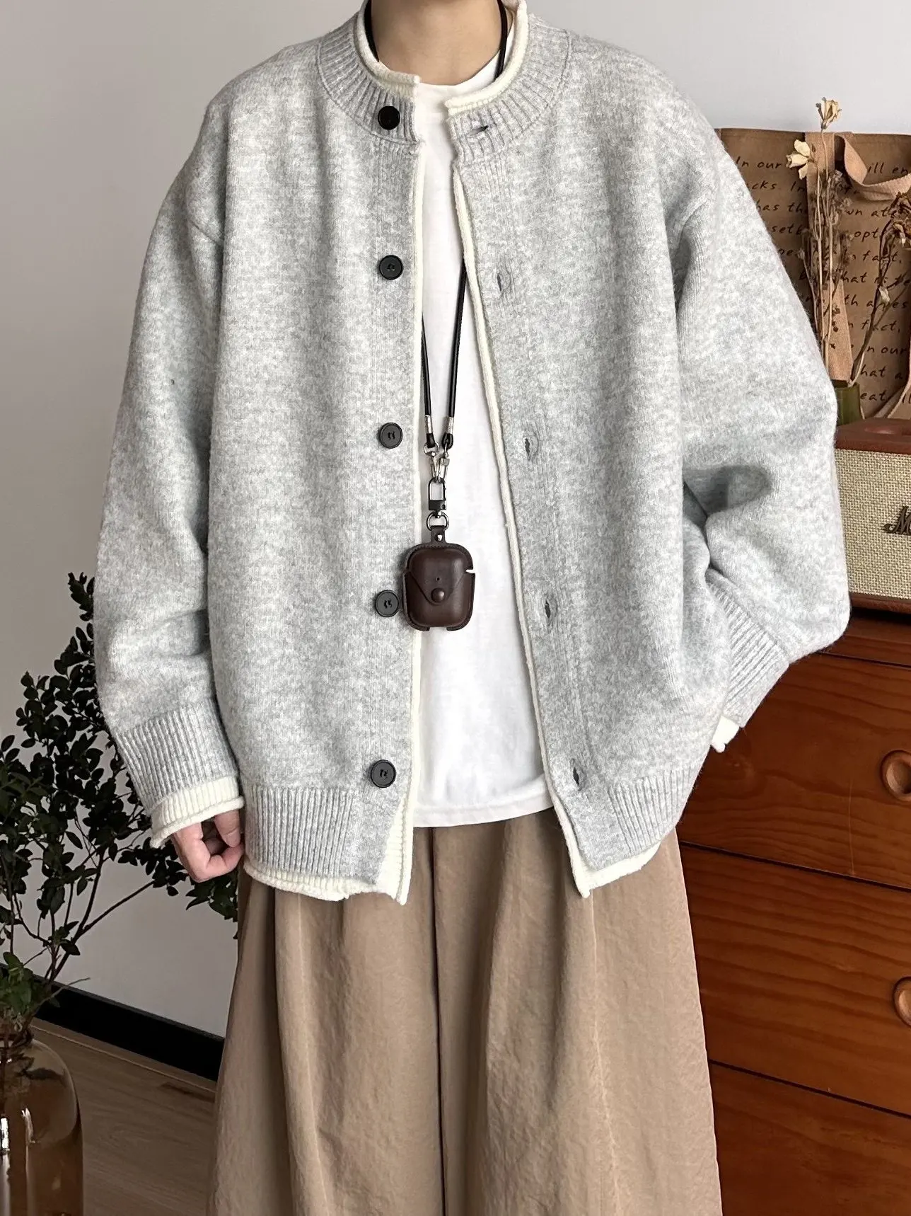 

Retro Japanese Style Knitted Open Cardigan Loose Casual Color Block Collar Design Men's Sweater Jacket Autumn Winter