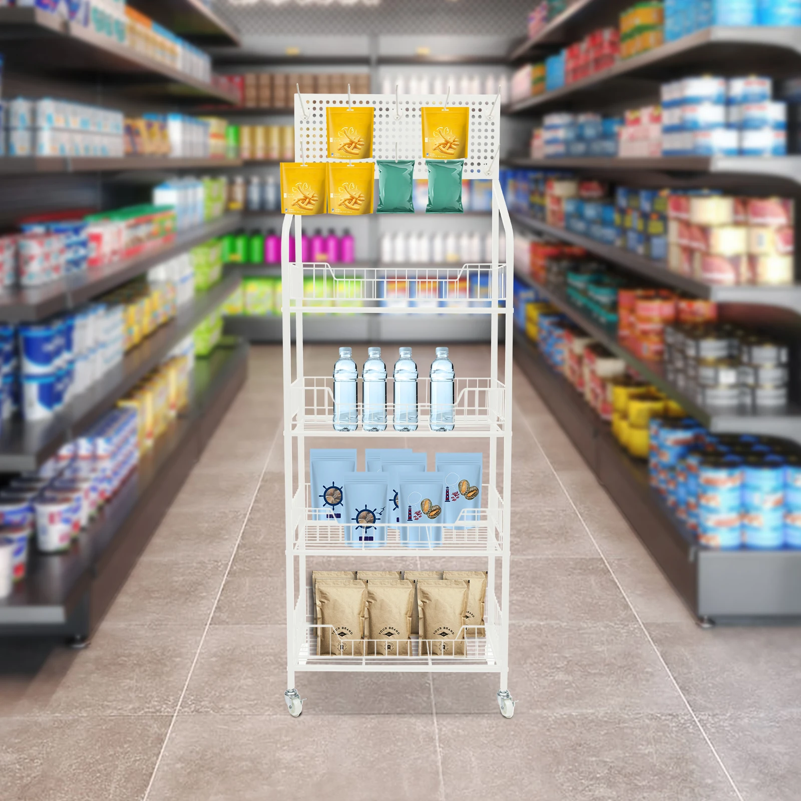 4-stufiger Einzelhandels-Display-Rack-Ständer für Snacks, Süßigkeiten, Organizer, Korb, Ständer, Wagen