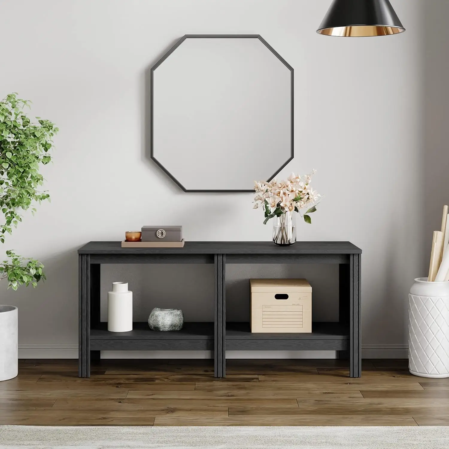 طاولة وحدة تحكم بحامل تلفزيون خشبي لأجهزة التلفاز بشاشة مسطحة مقاس 55 بوصة مع 4 مكعبات تخزين، 47 بوصة باللون الأسود لغرفة المعيشة أو غرفة النوم