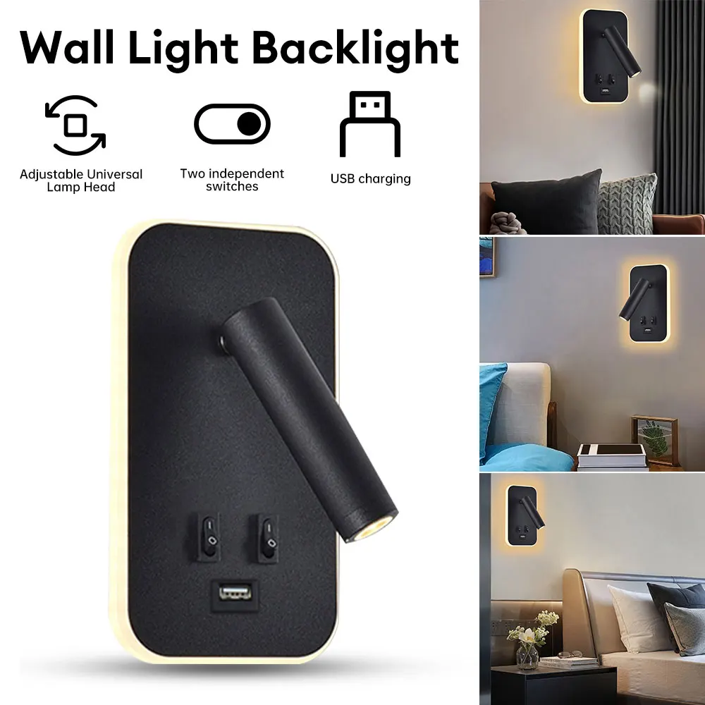 Imagem -05 - Lâmpada de Parede de Cabeceira com Interruptor e Porta Usb Wall Mounted Reading Light Quarto Estudo Sconce Backlight