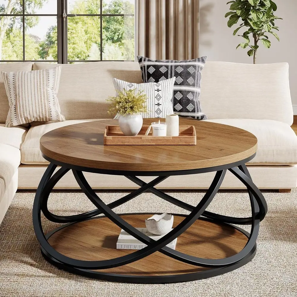 

Round Coffee Table, 31.5 Circle Center Table, Wood Grain Accent Table with Storage Shelf, Ideal for Living Room, Small Space, Ru