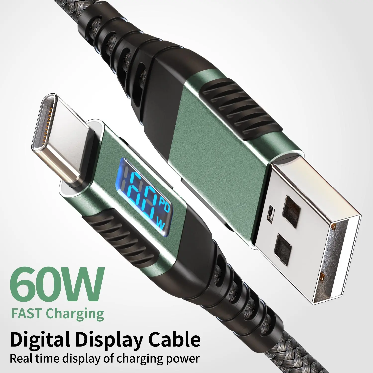 

USB C 60W PD Fast Charging Cable with LED Power Display, USB-A to Type C Cable for iPhone 17 16 15 Pro Max, MacBook, iPad