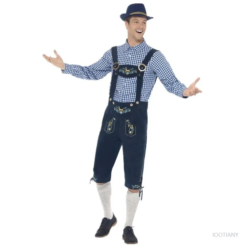 Men's German Munich Oktoberfest Bavarian Beer Overalls Denim Costume Halloween Stage Performance MaleWaiter Role PlayingJumpsuit