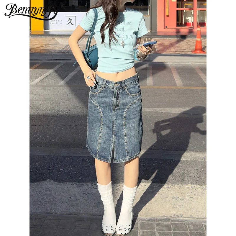 

Винтажная джинсовая юбка Benuynffy с заклепками, женская, весна-лето 2026, новая, с передним разрезом, в уличном стиле Y2K, с низкой талией, миди, А-силуэт