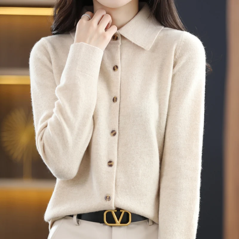 100% Wool Korean Style Turn-down Collar Knitted Sweaters Women Cardigan Fashion Casual Long Sleeve Cashmere Shirt Solid Tops