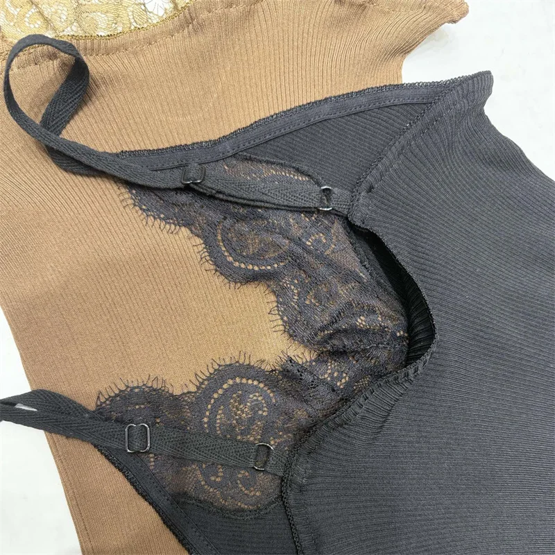 Women's vest New elastic knitted slim fit sleeveless top for summer 2026 Lace patchwork women's tight corset tanks top T-shirt