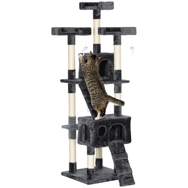 68-inch Multi-Level Cat Scratching Tree Kitty Activity Center Post Tower Condo Pet Furniture w/ Toy Grey