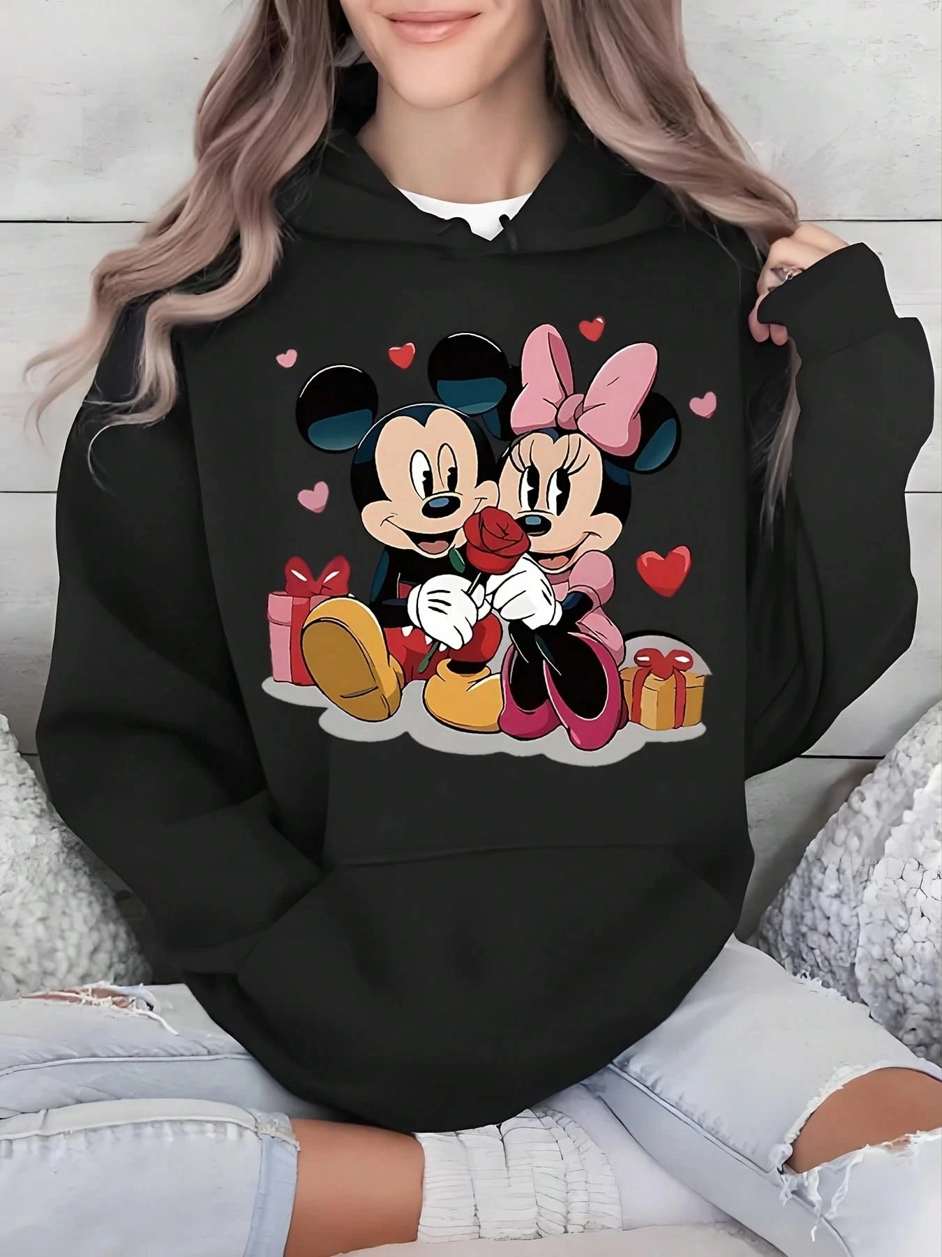 

Женская толстовка с капюшоном Disney с изображением Микки и Минни, унисекс, осенне-зимняя флисовая толстовка с капюшоном для повседневного использования на открытом воздухе, для любого случая