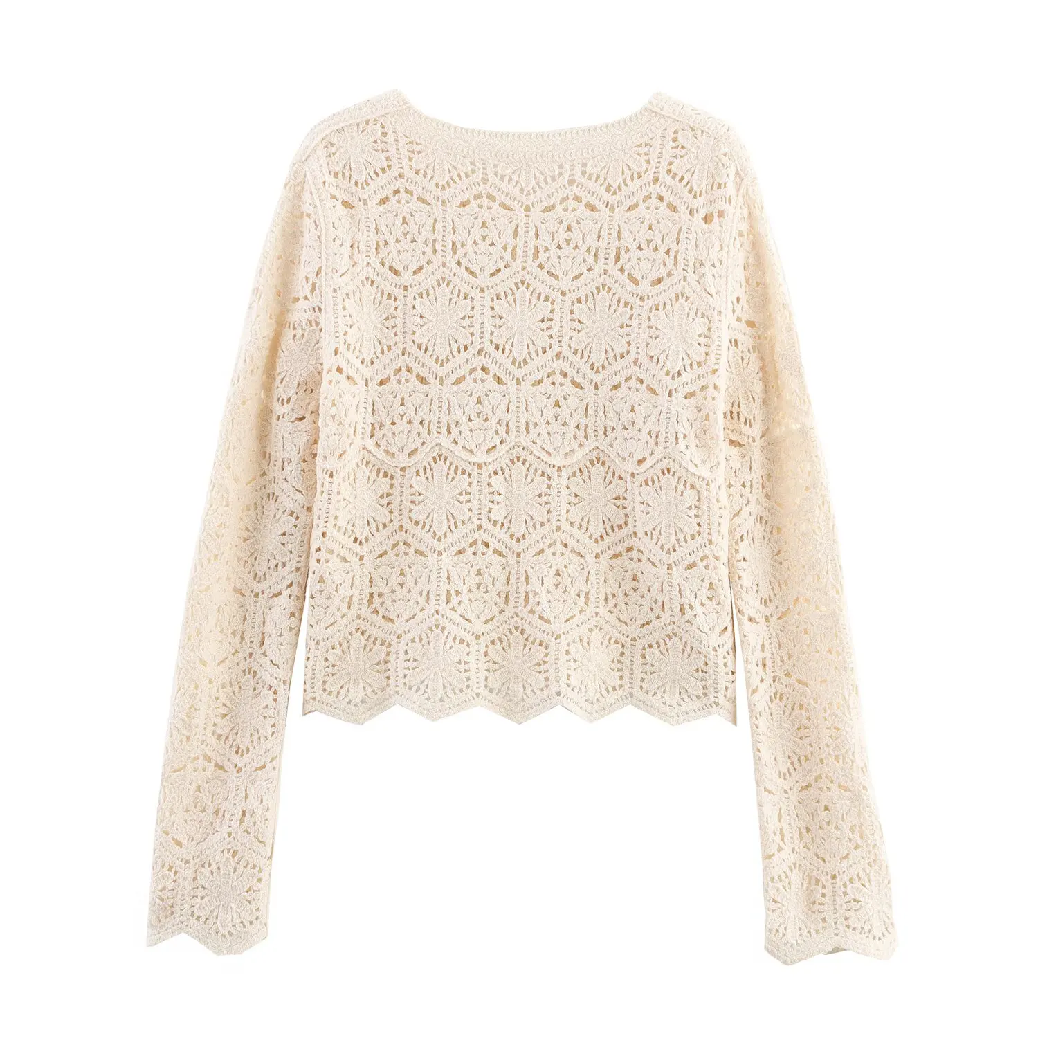 Maxdutti Autumn Minimalist Lace Crochet Shirt Top French Lazy Beige Elegant Knitted Cardigan Jacket Women Tops 2