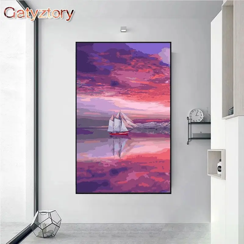 

GATYZTORY Coloring By Number Red Sea Sailboat Scenery Paint On Canvas Pictures By Number Large Size Home Decoration 60x120cm