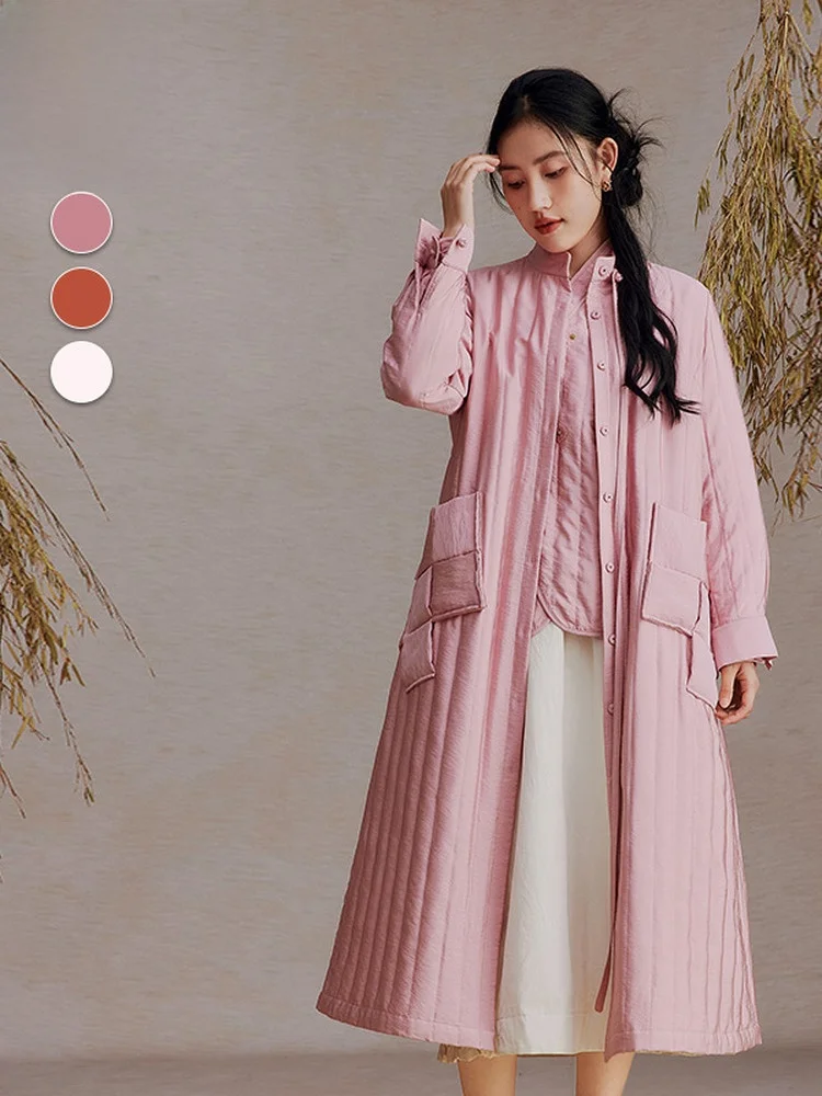 

Winter Long A-Line Cotton Jacket Stand Collar Pink Fill Striped Pattern Youth Female Cotton Outerwear Fashionable Elegant