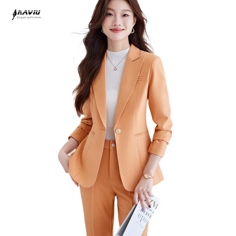 

NAVIU High Quality Formal Blazer Women Business Suits Pant and Top Set Ladies Jacket Work Female Office Uniform Style OL Orange